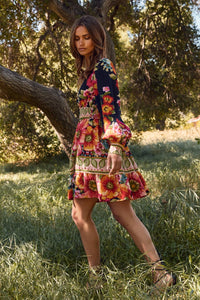 Thumbnail for Women’s boho floral mini dress with long puff sleeves and smocked waist