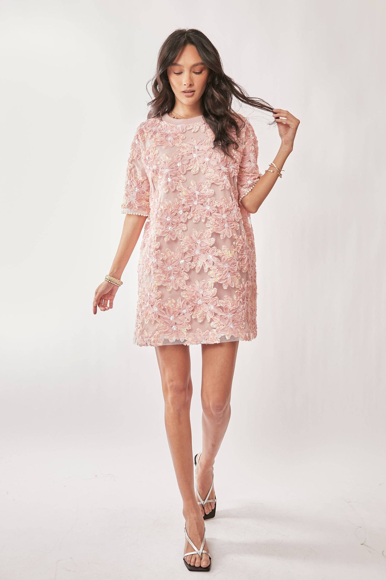 FLORAL EMBROIDERY SEQUINED MESH MINI DRESS