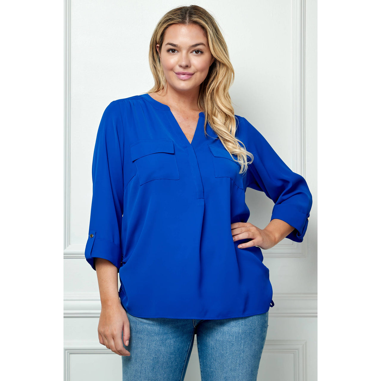 PLUS SIZE COBALT TAB SLEEVE MANDARIN COLLAR SHIRT