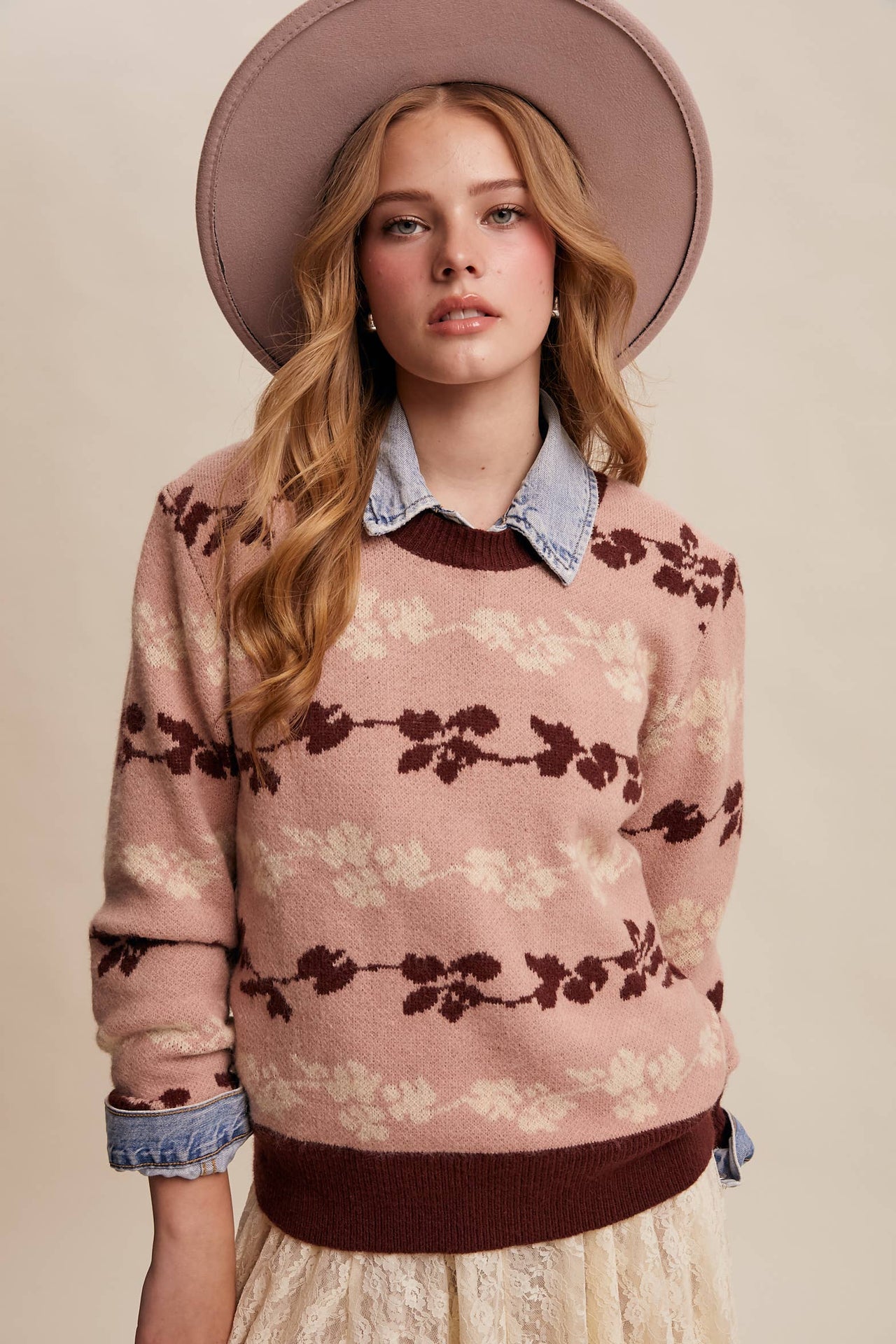 Floral Jacquard Knit Muted Rose Pullover Sweater