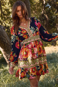 Thumbnail for Women’s boho floral mini dress with long puff sleeves and smocked waist