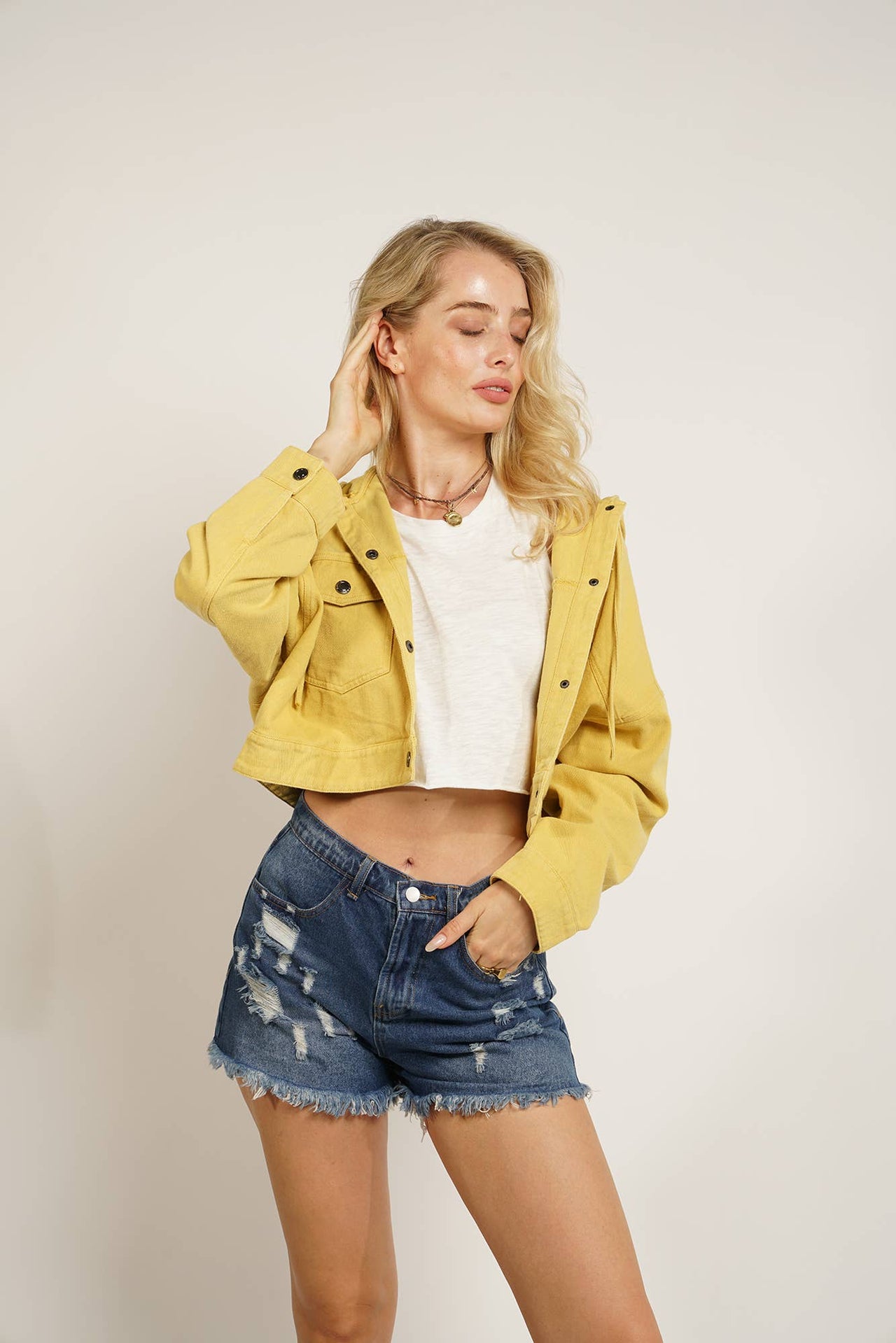 Plus Cropped Denim Jacket:  Mustard