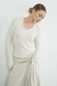 Thumbnail for Elegant Cream Lace Long-Sleeve Top with Ruffle Details and U-Neckline