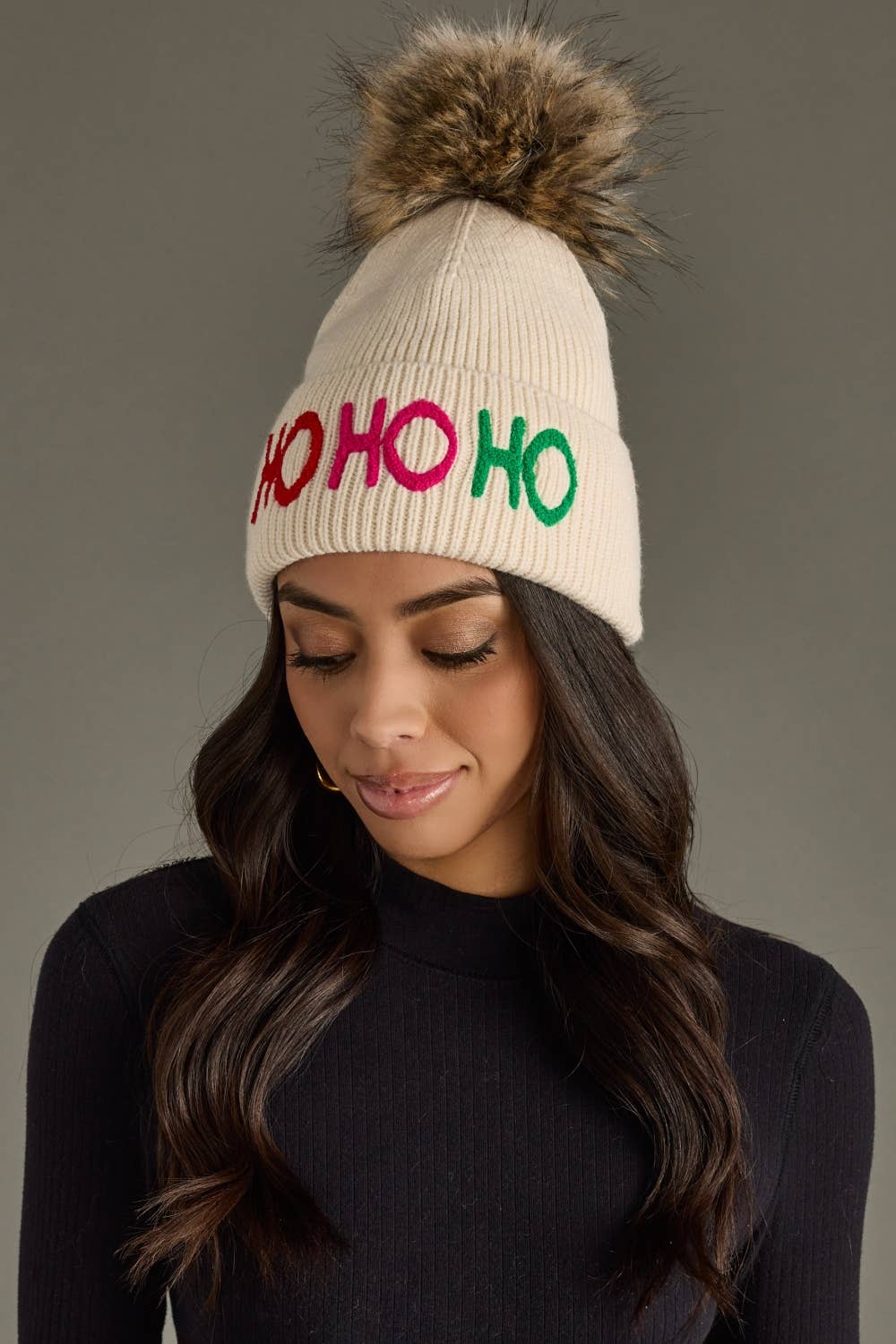 Beige Ho Ho Ho Knit Pom Hat