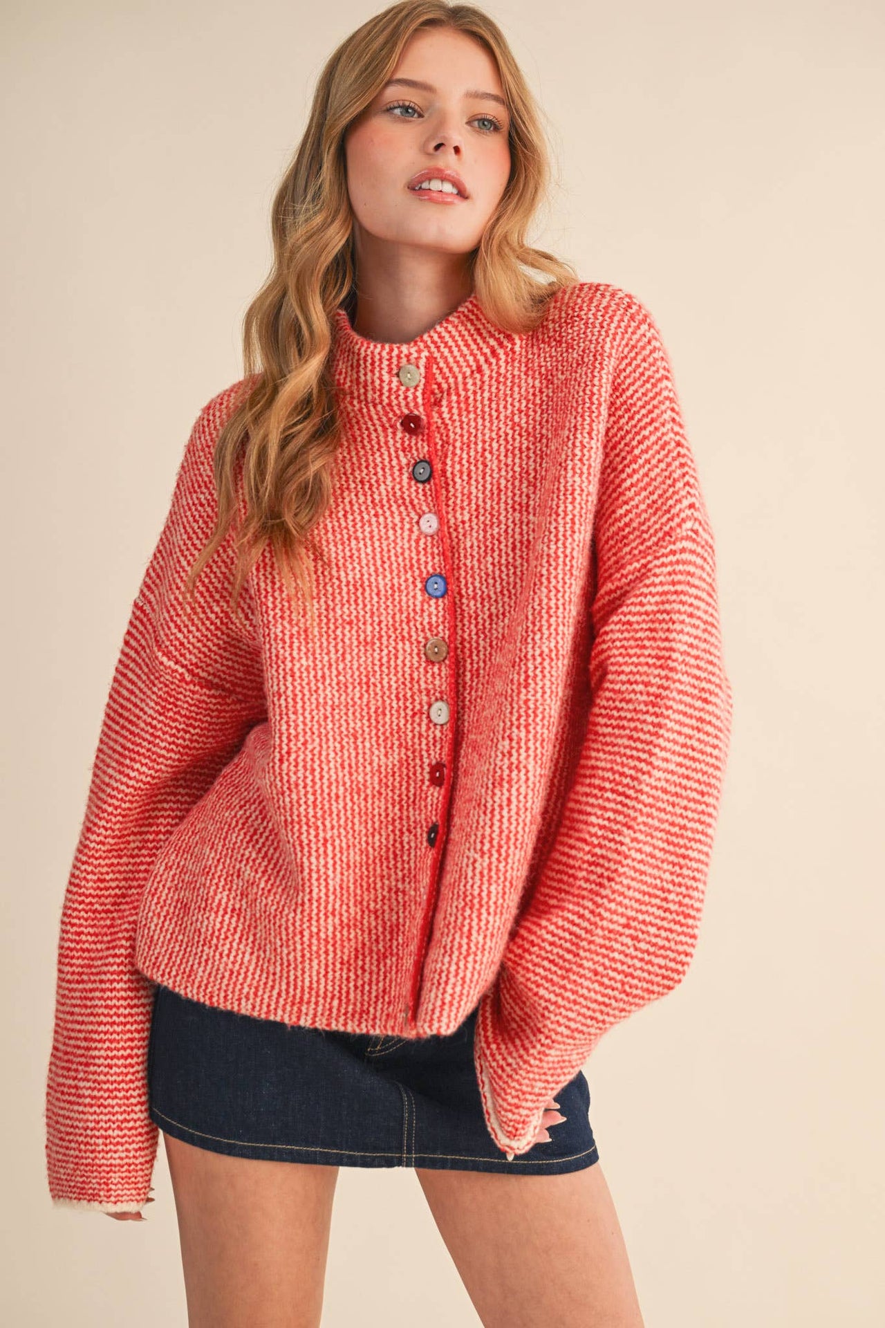 STRIPED SWEATER CARDIGAN WITH COLORFUL BUTTONS