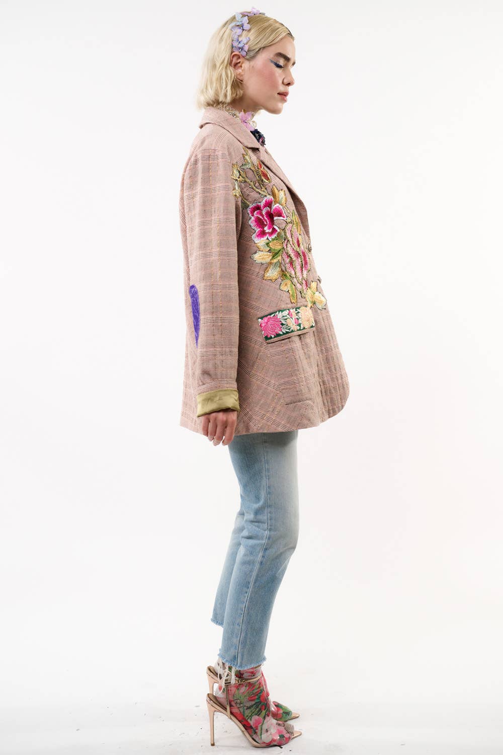 Pink Ash Washed Button-Up Blazer with Embroidered Patches and Velvet Elbow Details