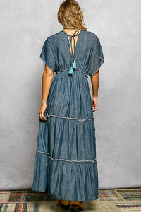 Thumbnail for Embroidery Ruffle Neck Loop Cotton Denim V-neck Long Dress