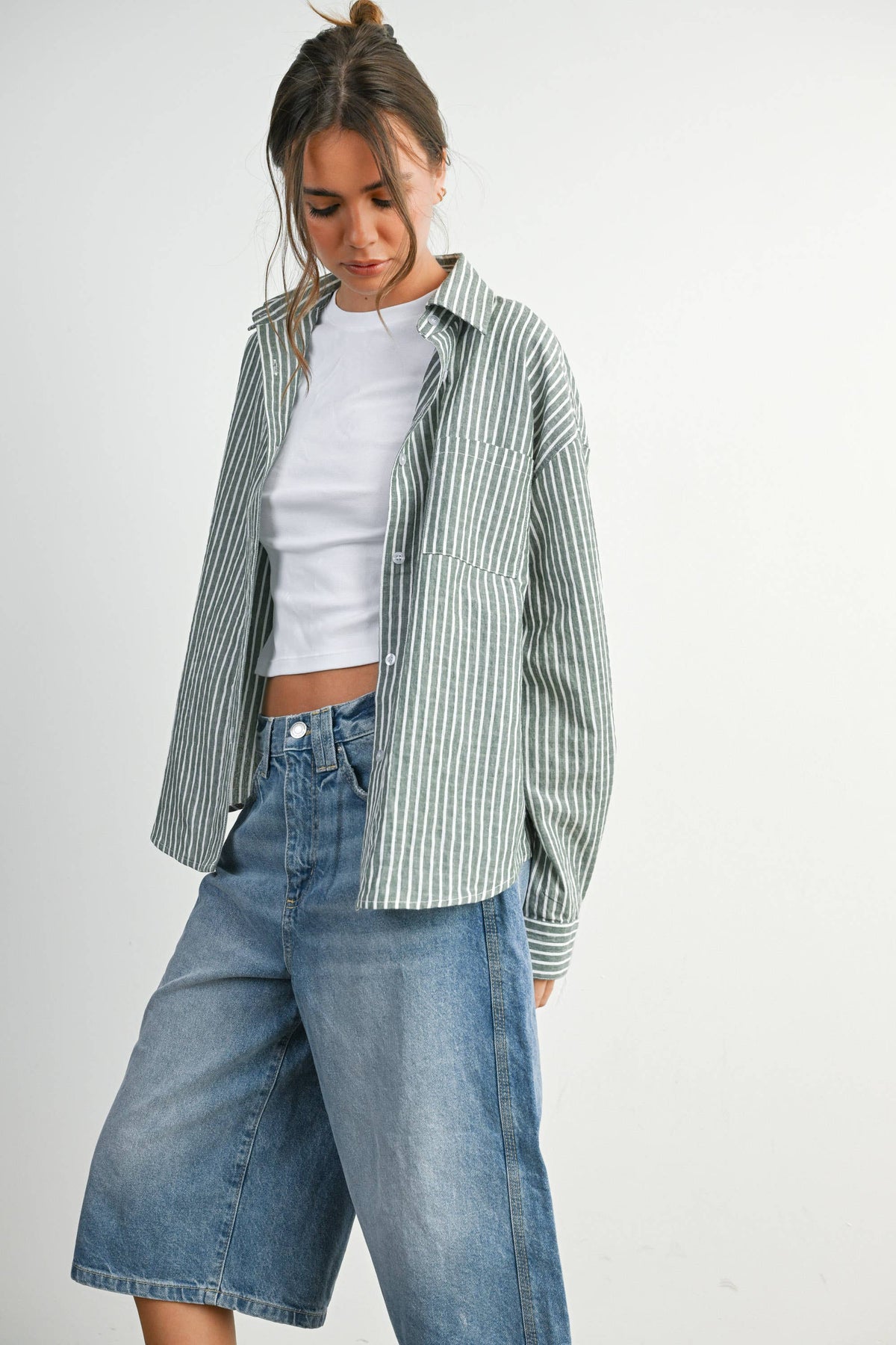 Cropped Striped Button-Up Collared Long Sleeve Top - BMT7915