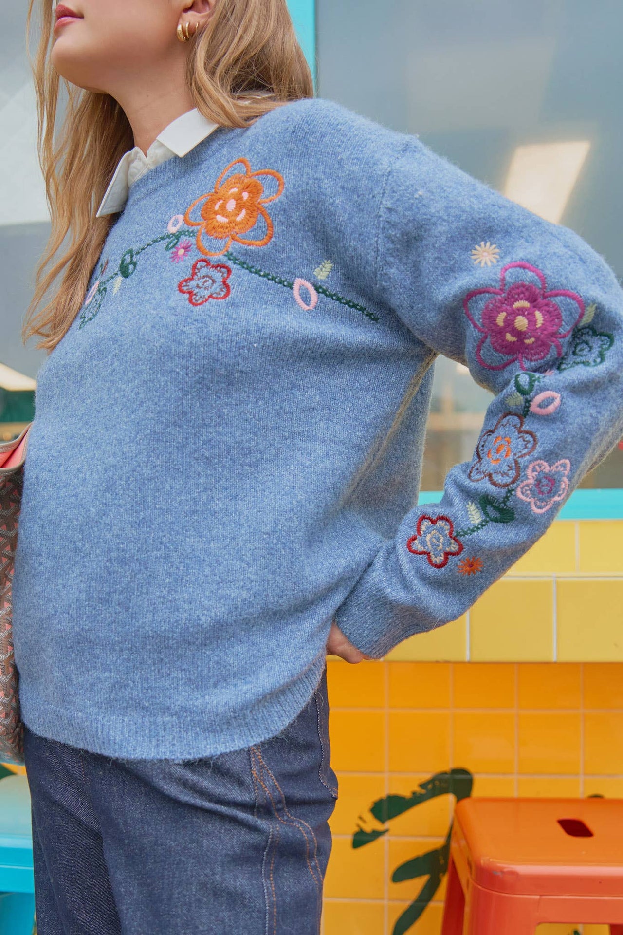 FLORAL EMBROIDERY PULLOVER SWEATER MSW10963
