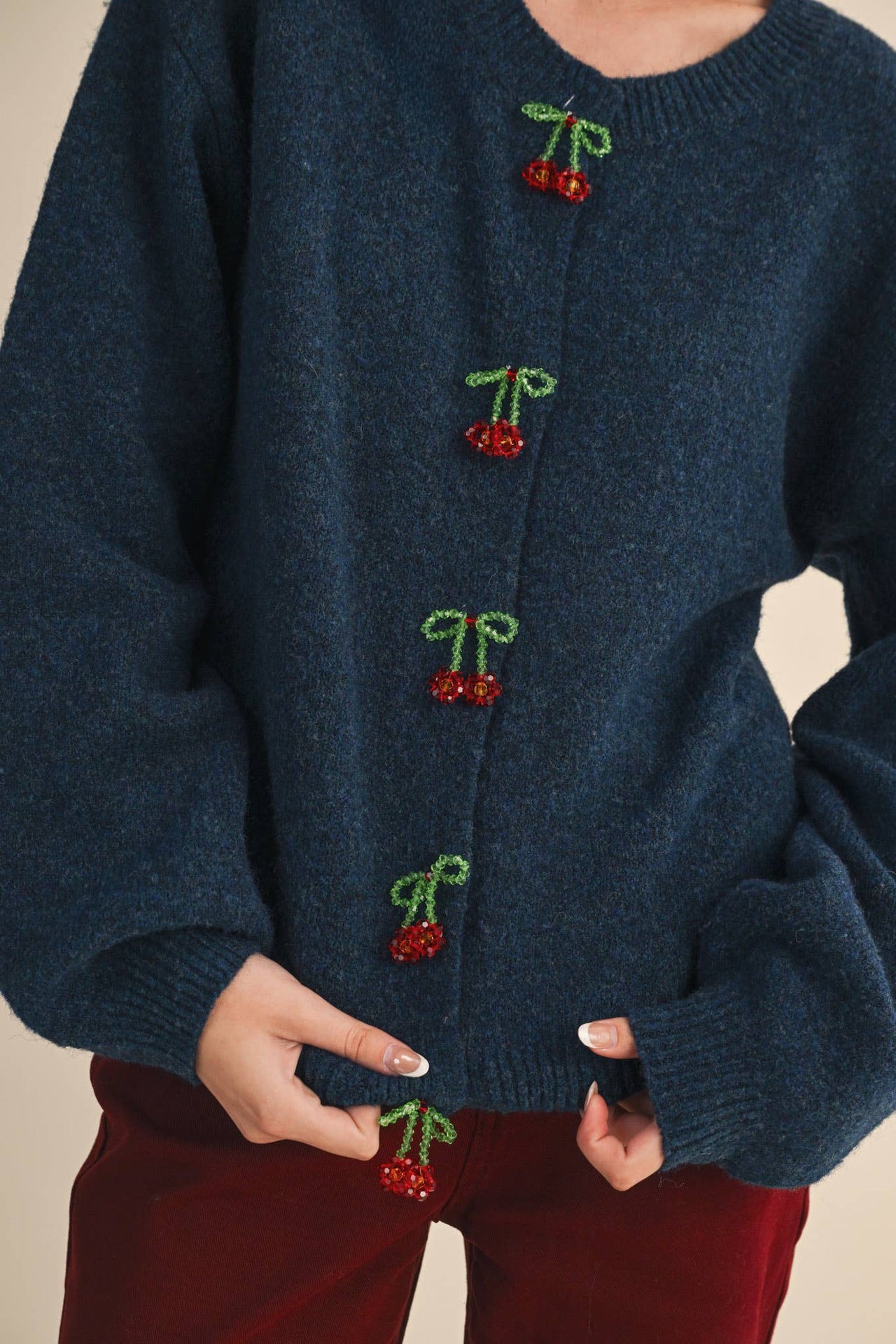 BEADED BOW FLORAL BUTTON SWEATER CARDIGAN