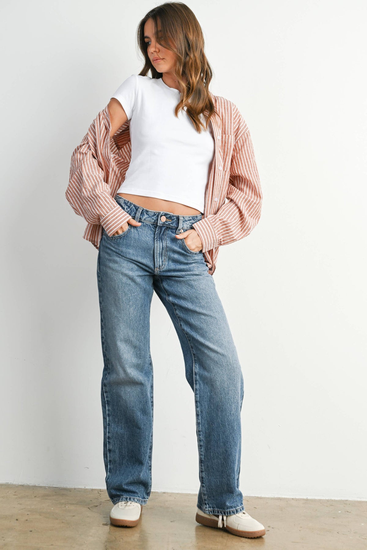 Cropped Striped Button-Up Collared Long Sleeve Top - BMT7915