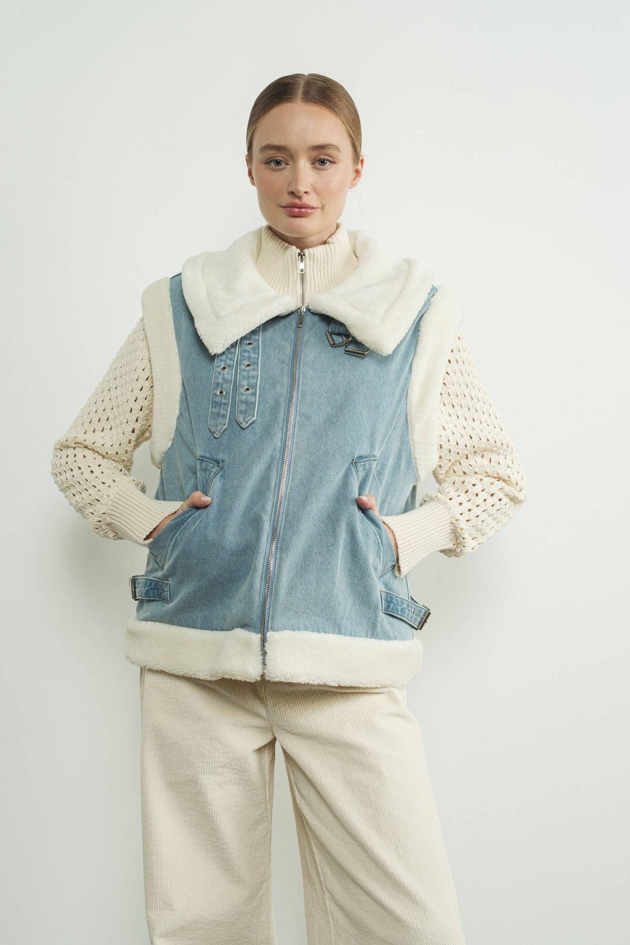 DENIM SHERPA MIXED VEST