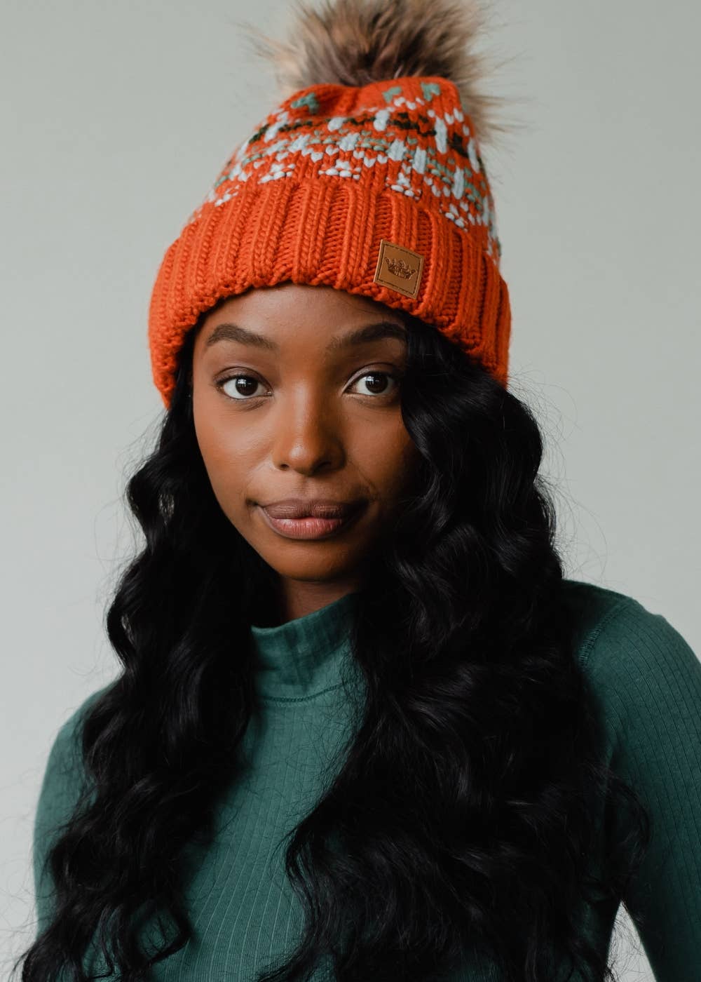 Orange, Lt. Blue, Mint & Olive Patterned Pom Hat
