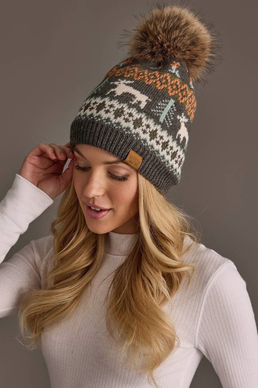 Gray Deer Winter Pattern Pom Hat