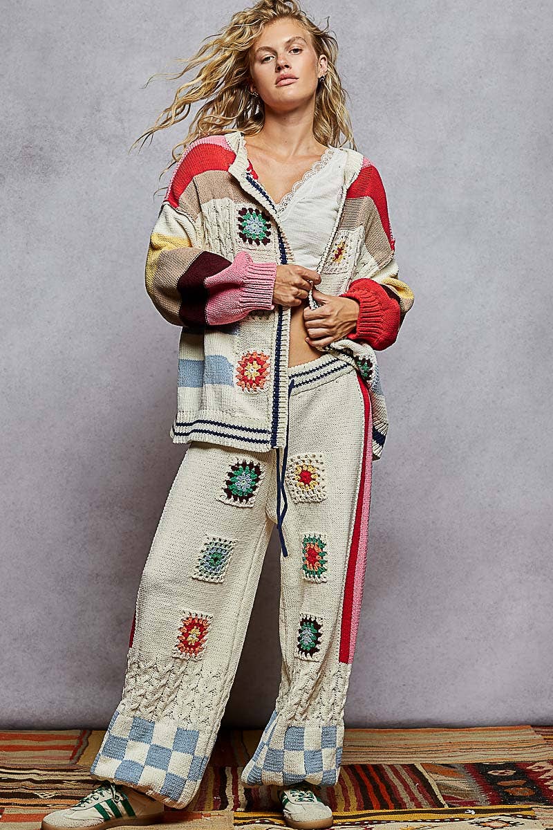 Balloon sleeve crochet patch open cardigan