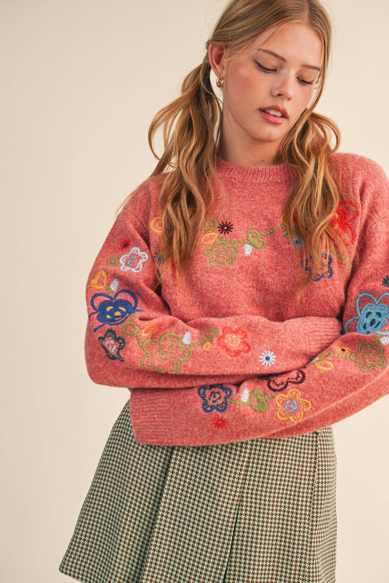 FLORAL EMBROIDERY PULLOVER SWEATER MSW10963