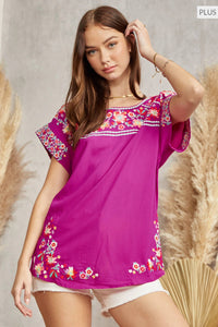 Thumbnail for PLUS SIZE Embroidered Top: MAGENTA