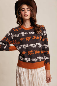 Thumbnail for Floral Jacquard Knit Muted Rose Pullover Sweater