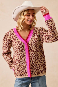 Thumbnail for Leopard Artwork Pullover Sweater Top Contrast Edge