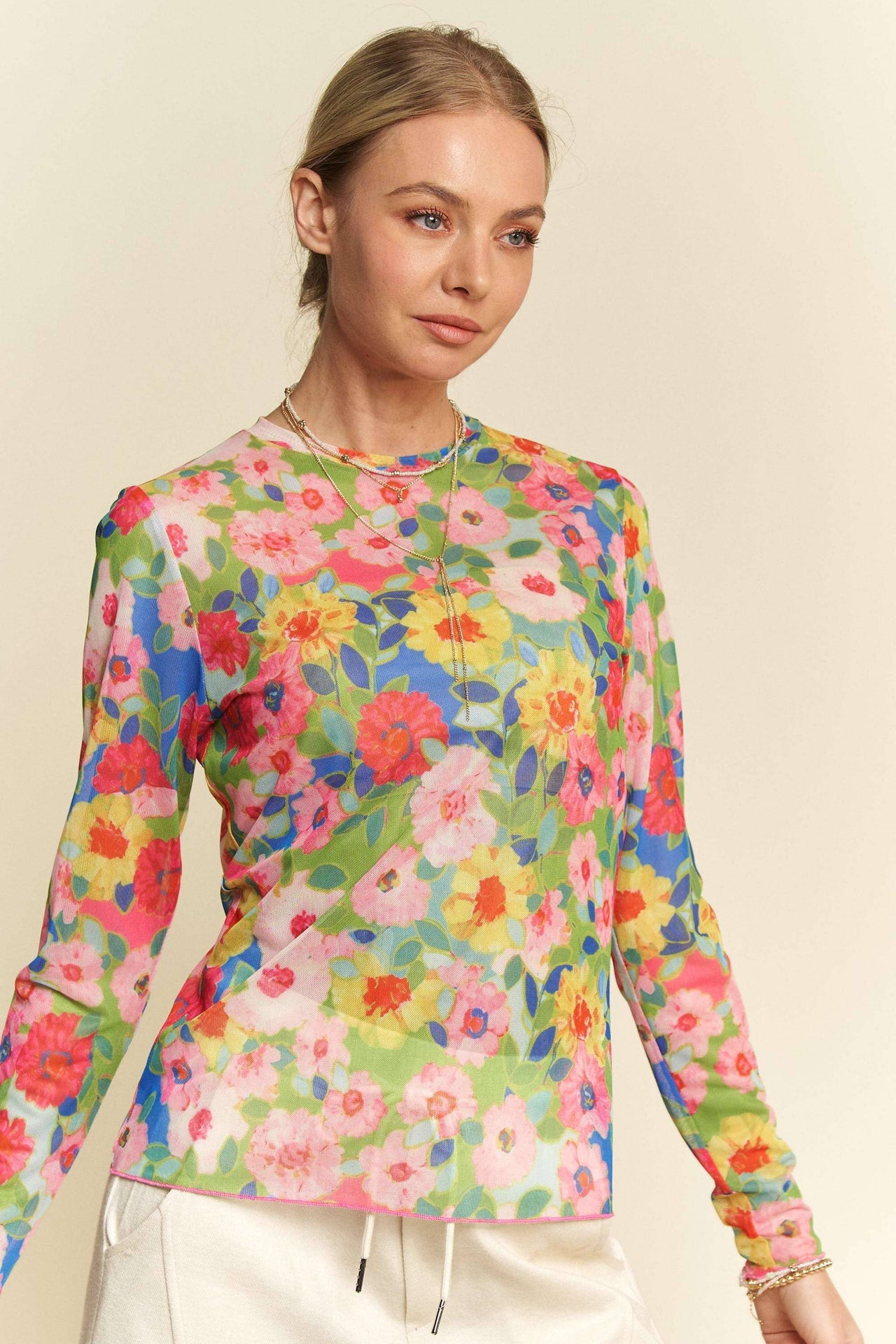 Floral Mesh Round Neck Long-Sleeve Top