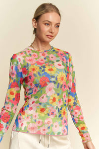 Thumbnail for Floral Mesh Round Neck Long-Sleeve Top