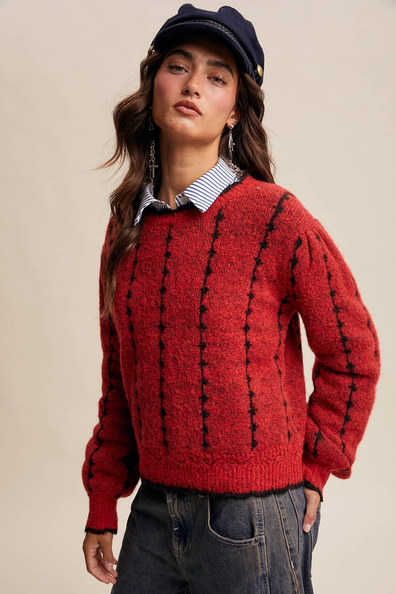 Textured Jacquard Knit Crew Sweater
