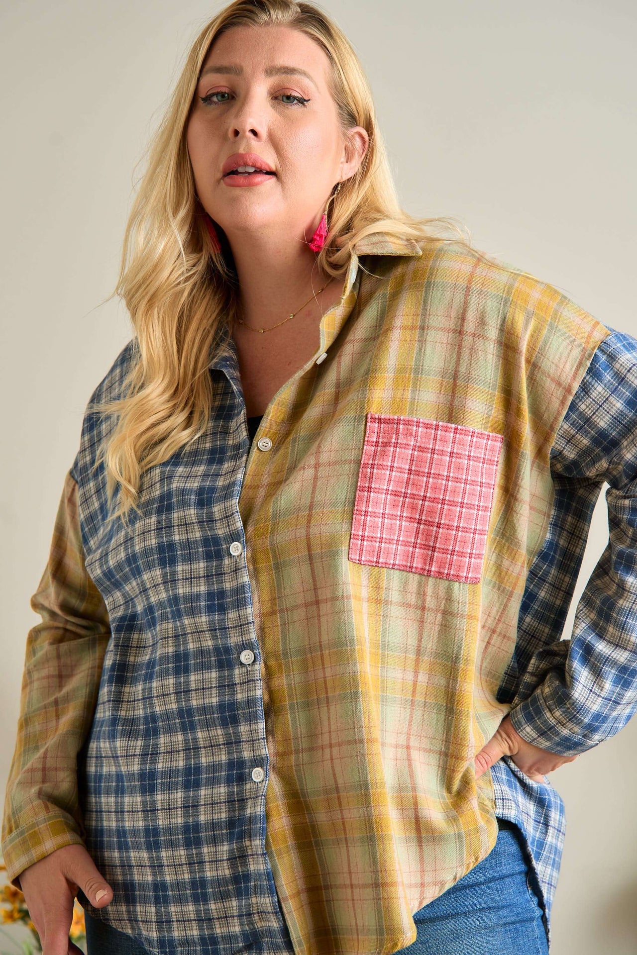 PLUS BUTTON DOWN PLAID SHIRT: BLUE/SAGE