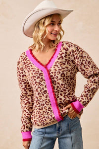 Thumbnail for Leopard Artwork Pullover Sweater Top Contrast Edge