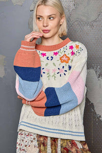 Thumbnail for Color block pattern floral embroidered chenille sweater top
