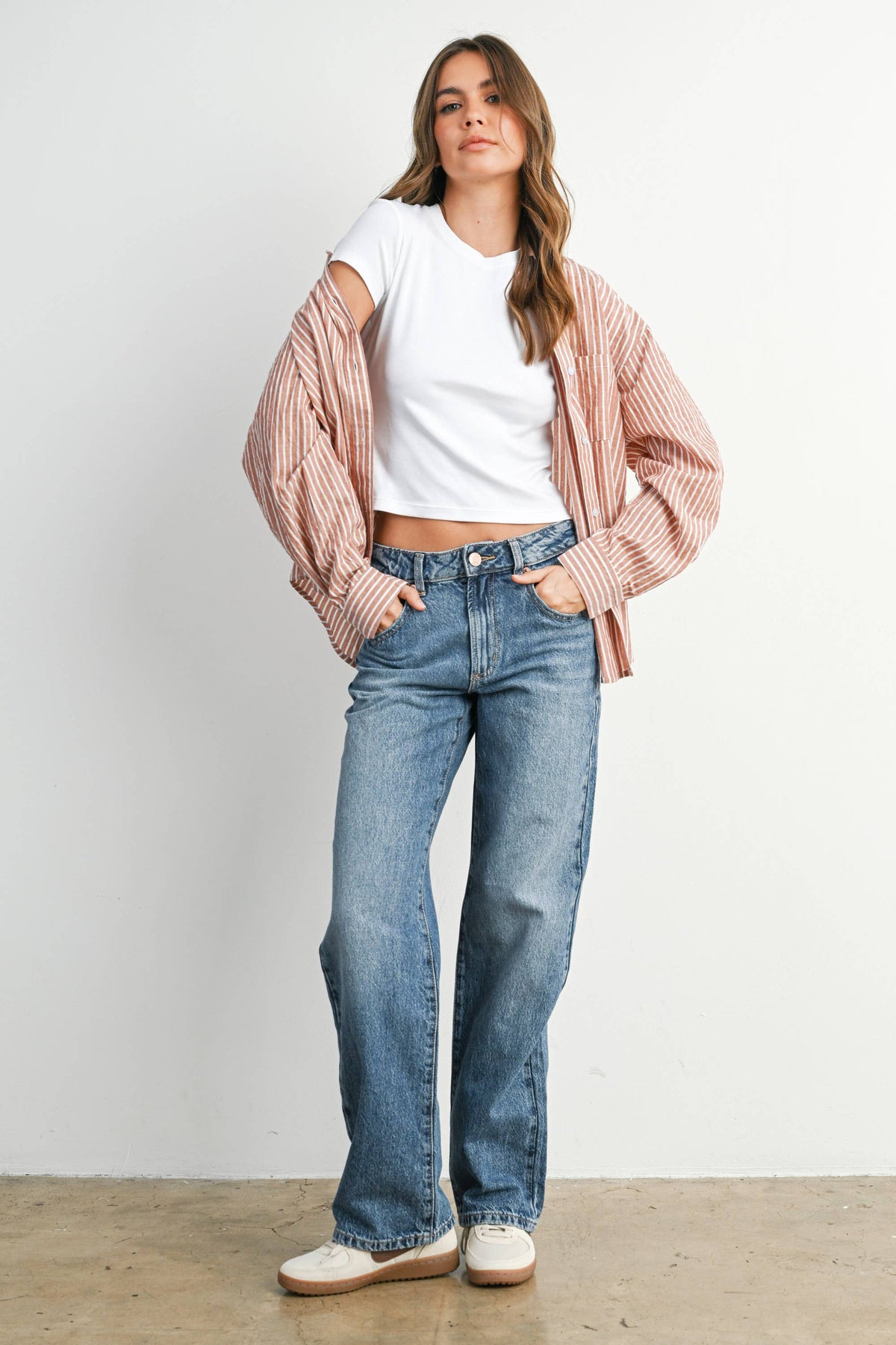 Cropped Striped Button-Up Collared Long Sleeve Top - BMT7915