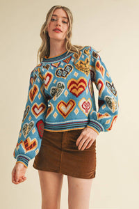Thumbnail for HEART PATTERN PULLOVER SWEATER