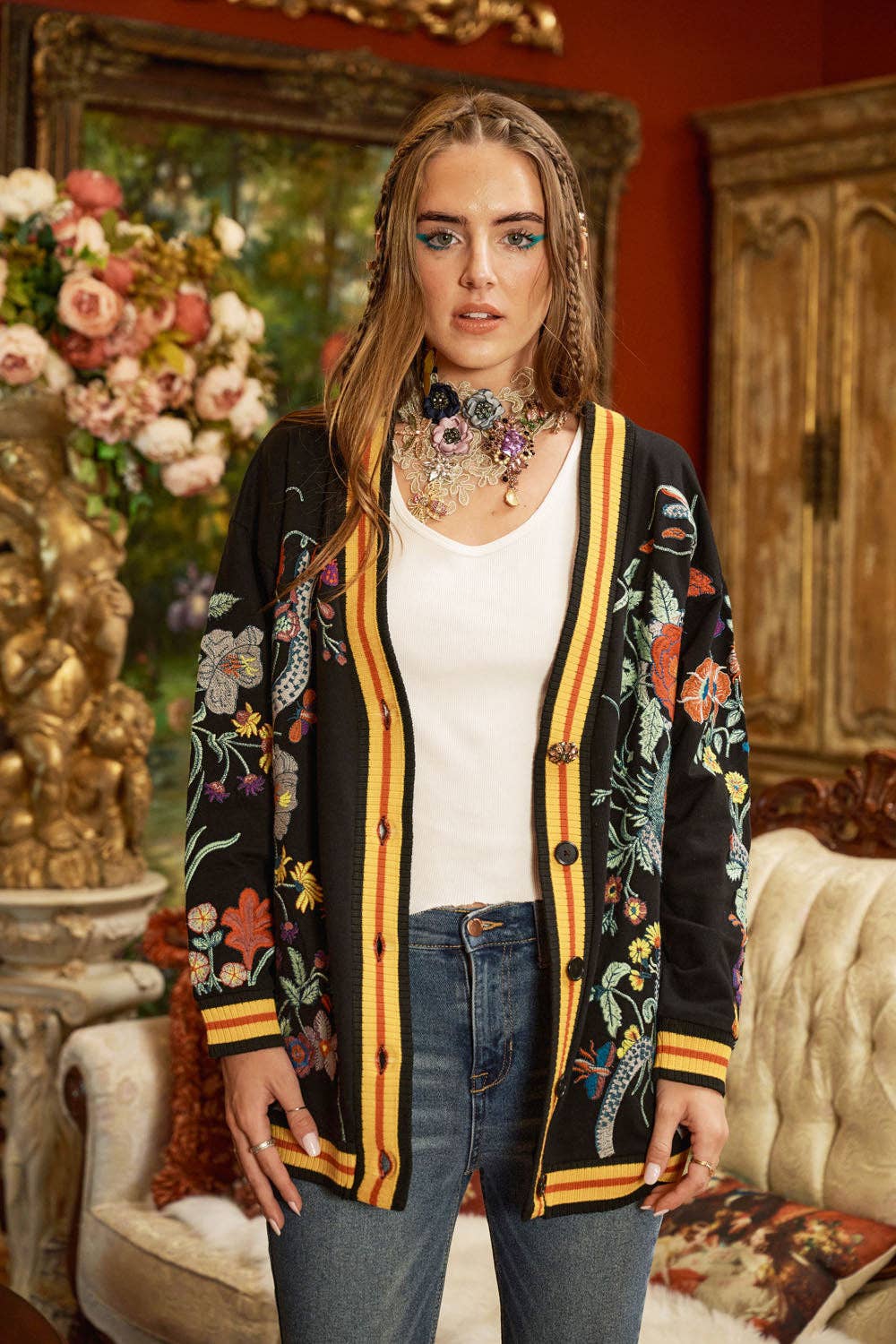 Hermione French Terry Cardigan | Floral Embroidered Jacket