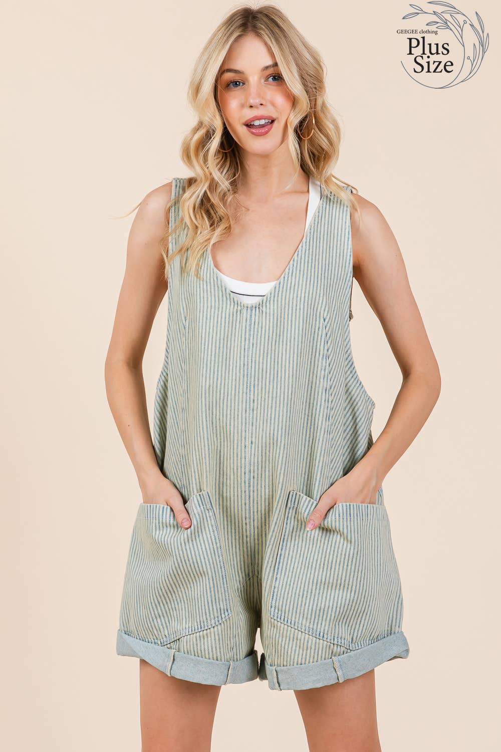 Plus Stripe Denim Shortalls/Romper