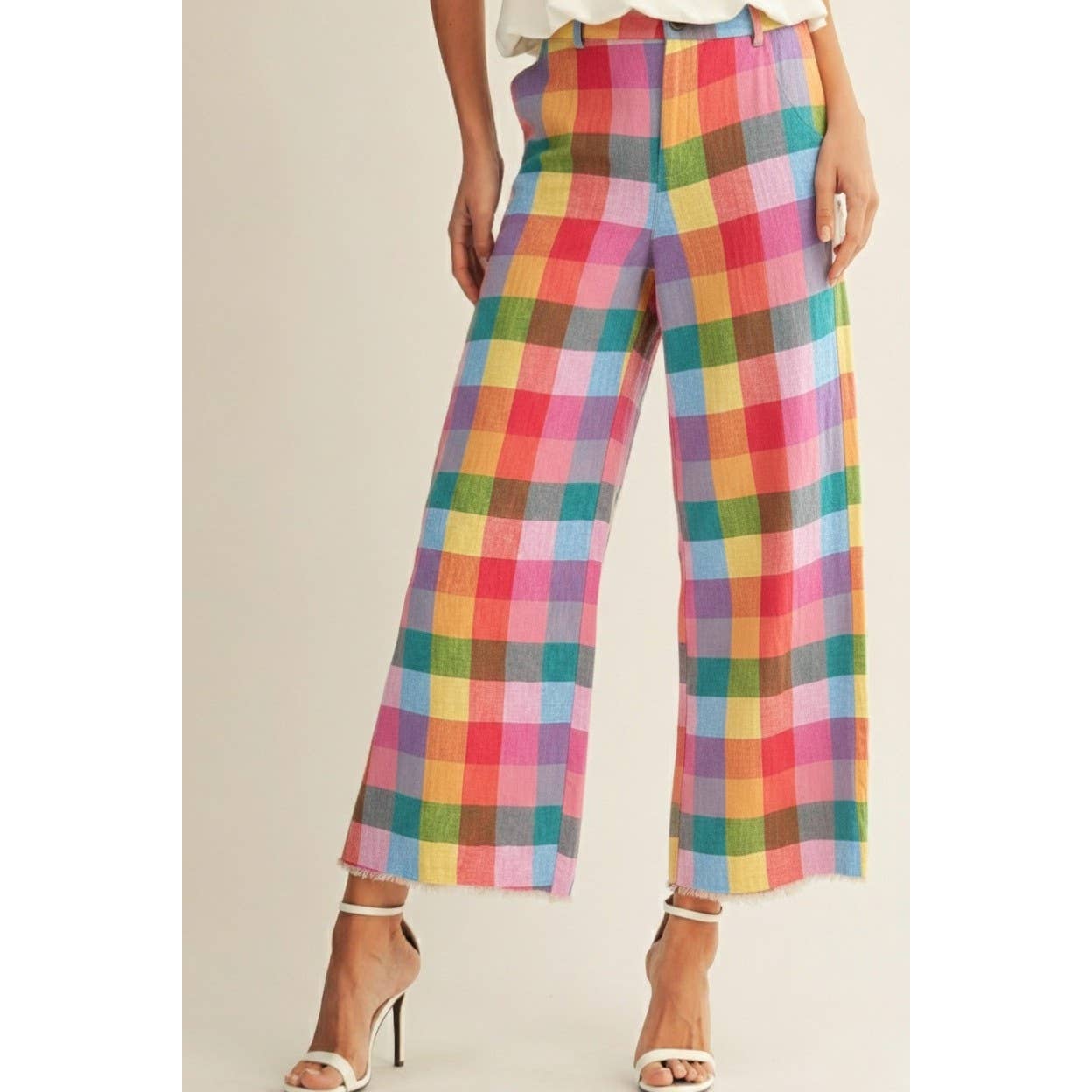 Colorful plaid wide leg trousers with a flattering high-rise silhouette