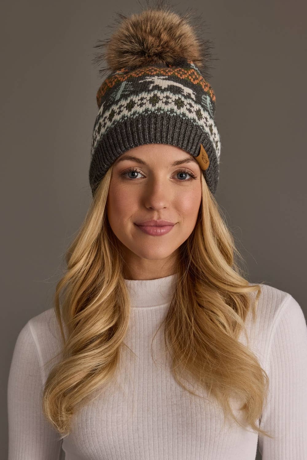 Gray Deer Winter Pattern Pom Hat