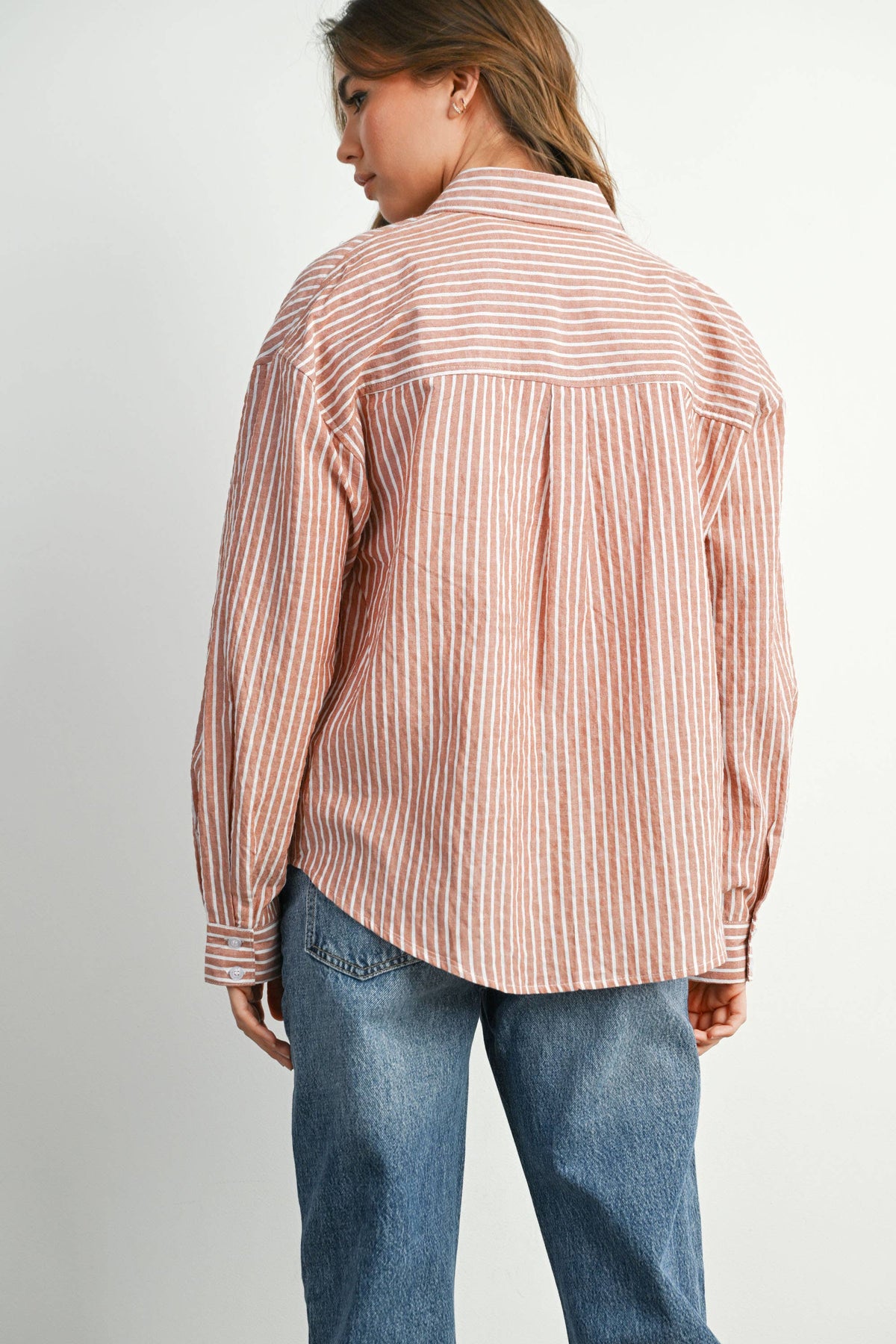 Cropped Striped Button-Up Collared Long Sleeve Top - BMT7915