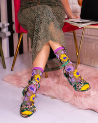 Thumbnail for Mixed Sunflowers Black Sheer Crew Sock