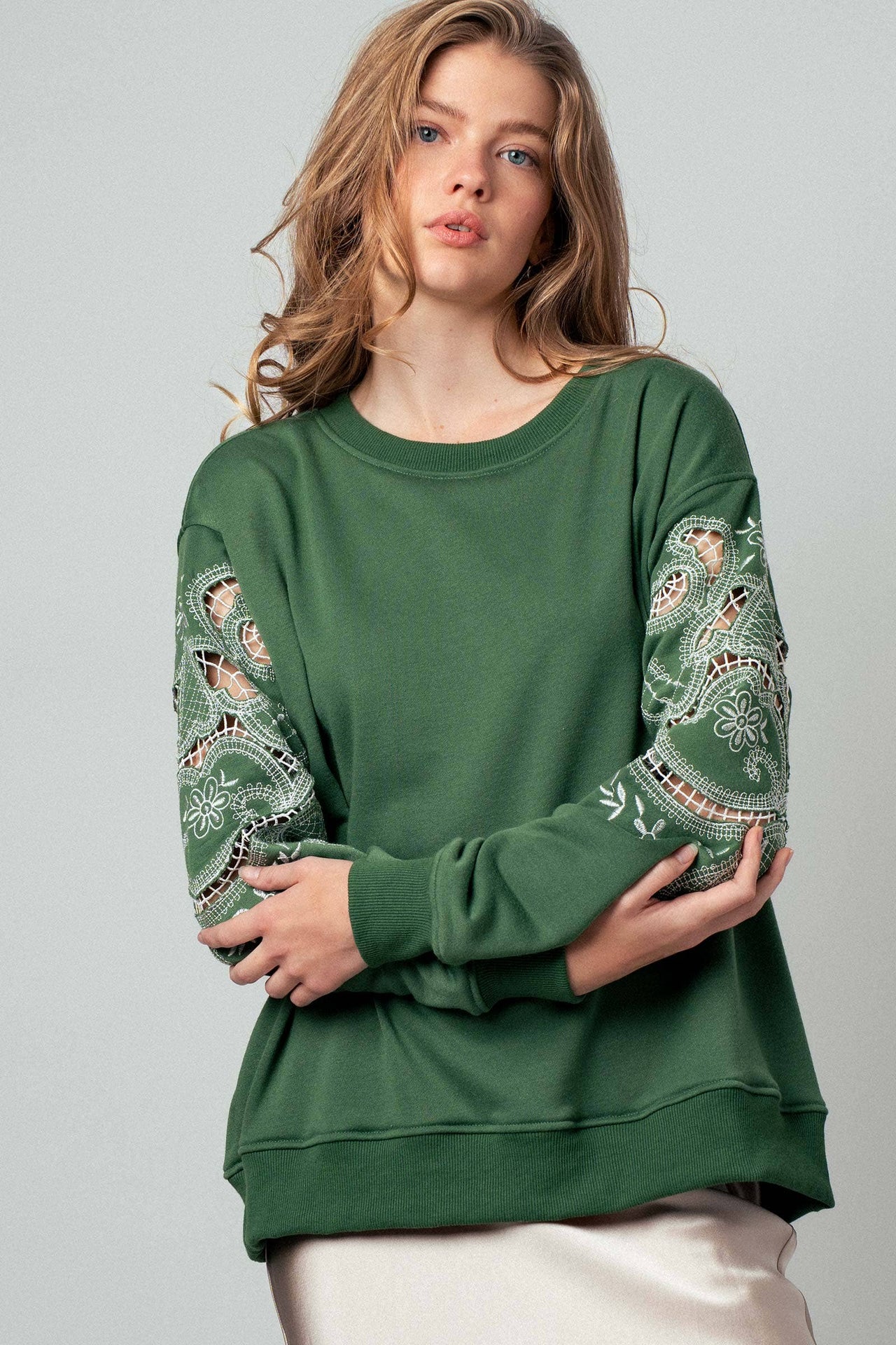 Romantic Lace Embroidered Sleeve Sweatshirt