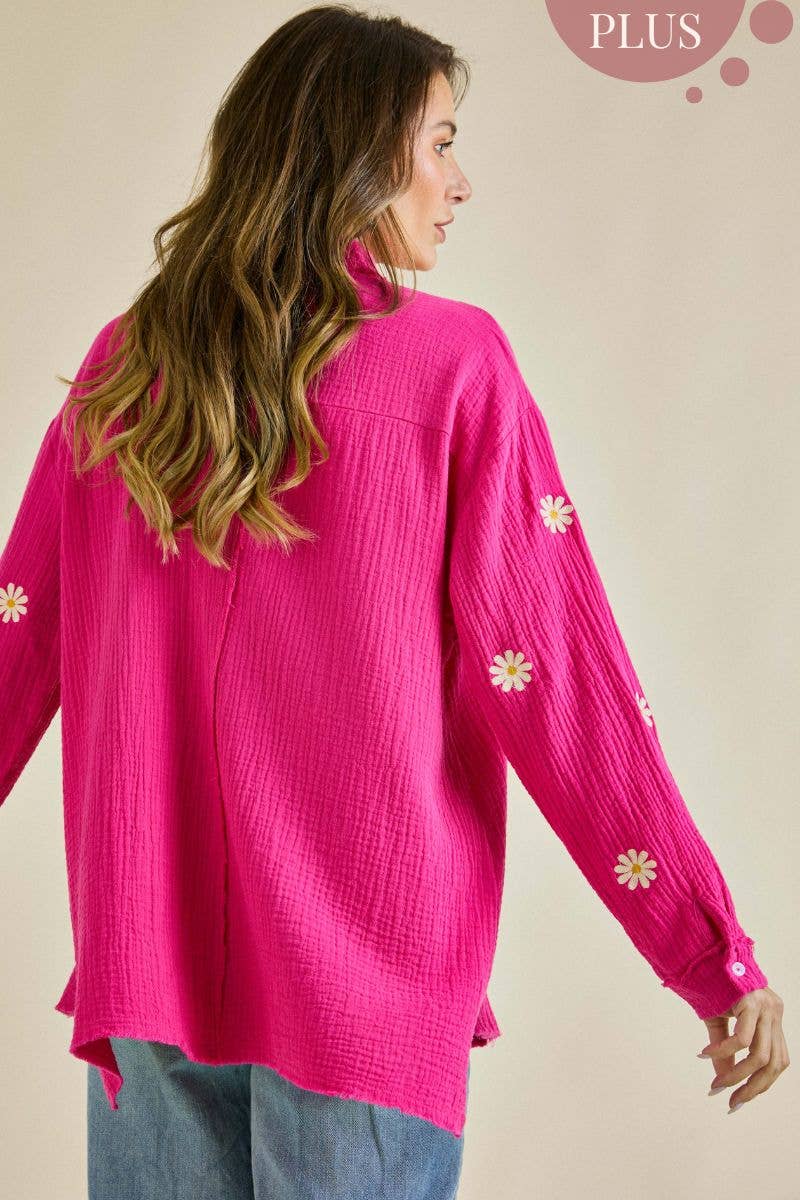 PLUS SIZE -Daisy Embroidered Button Down Top Hot Pink