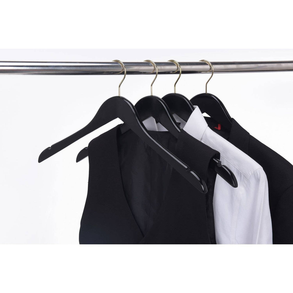 W071 Semi Curved Wooden Hangers - Black with Gold Hook - 80