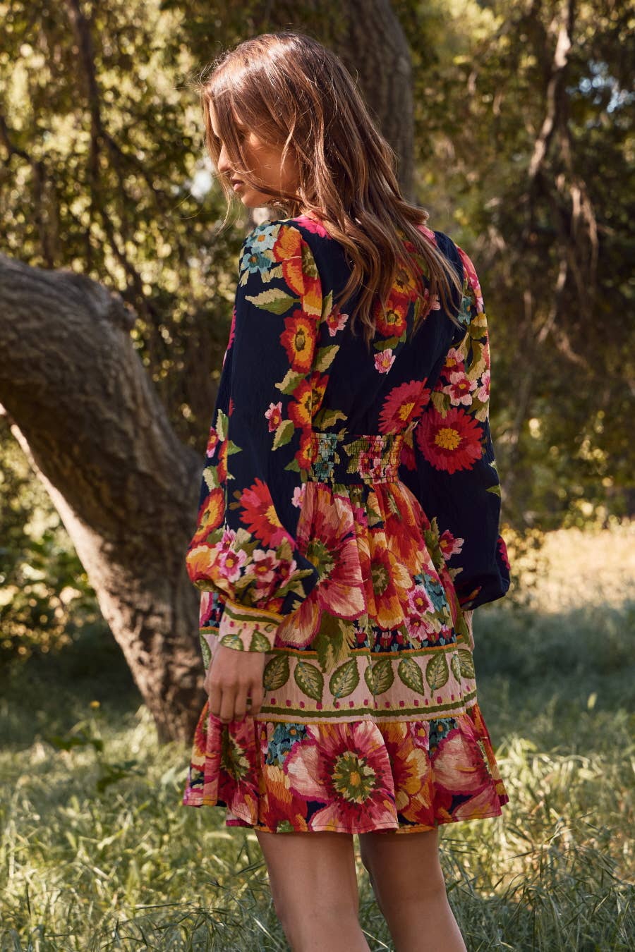 Women’s boho floral mini dress with long puff sleeves and smocked waist