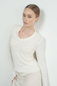 Thumbnail for Elegant Cream Lace Long-Sleeve Top with Ruffle Details and U-Neckline