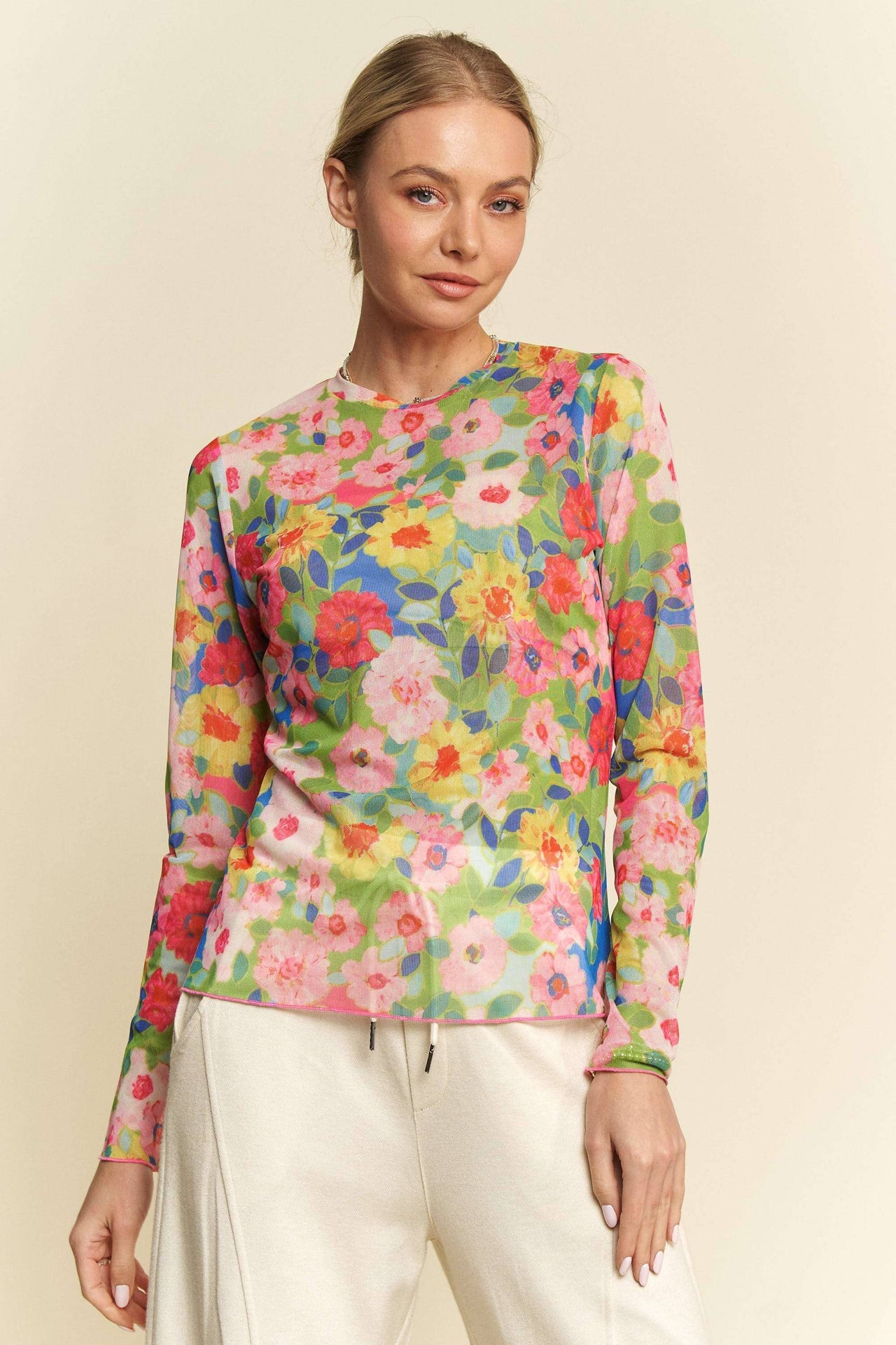 Floral Mesh Round Neck Long-Sleeve Top