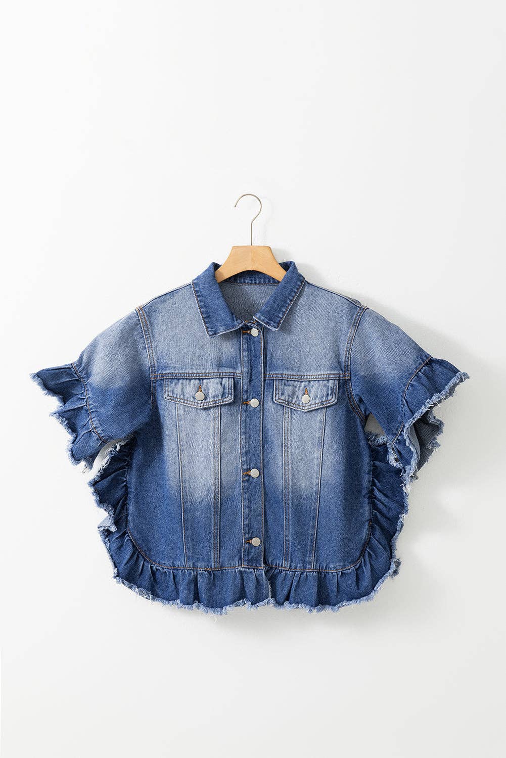 Raw Edge Ruffled Short Sleeve Denim Jacket