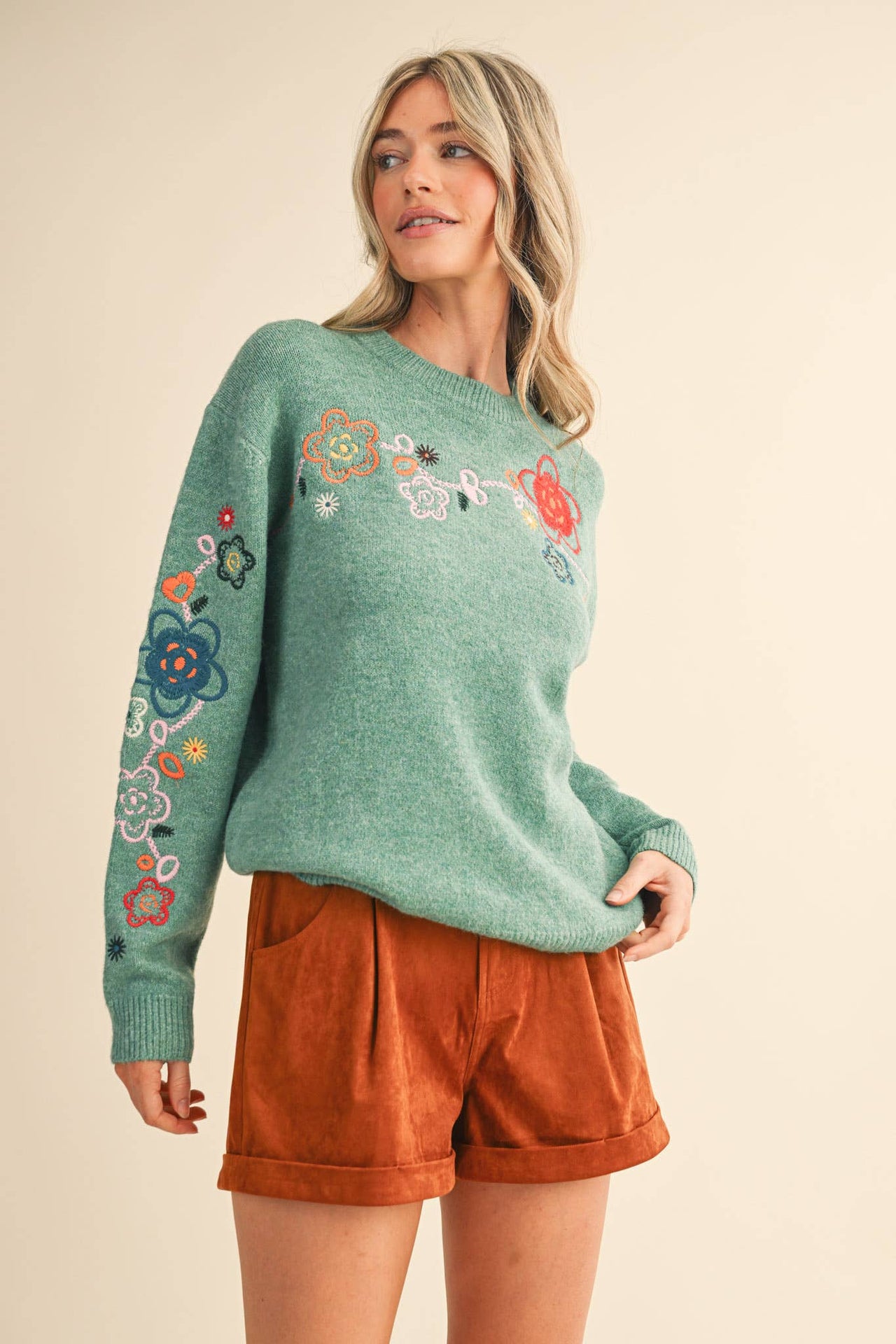 FLORAL EMBROIDERY PULLOVER SWEATER MSW10963