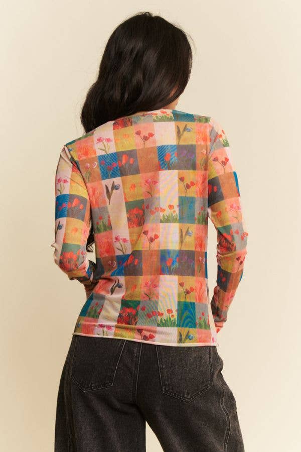 MULTI CHECKER FLORAL PRINTED LONG SLEEVE MESH TOP