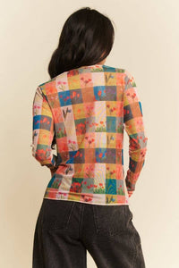 Thumbnail for MULTI CHECKER FLORAL PRINTED LONG SLEEVE MESH TOP