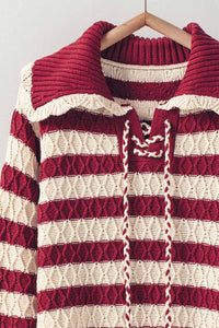 Thumbnail for Lace-Up Cable Knit Striped Sweater Top