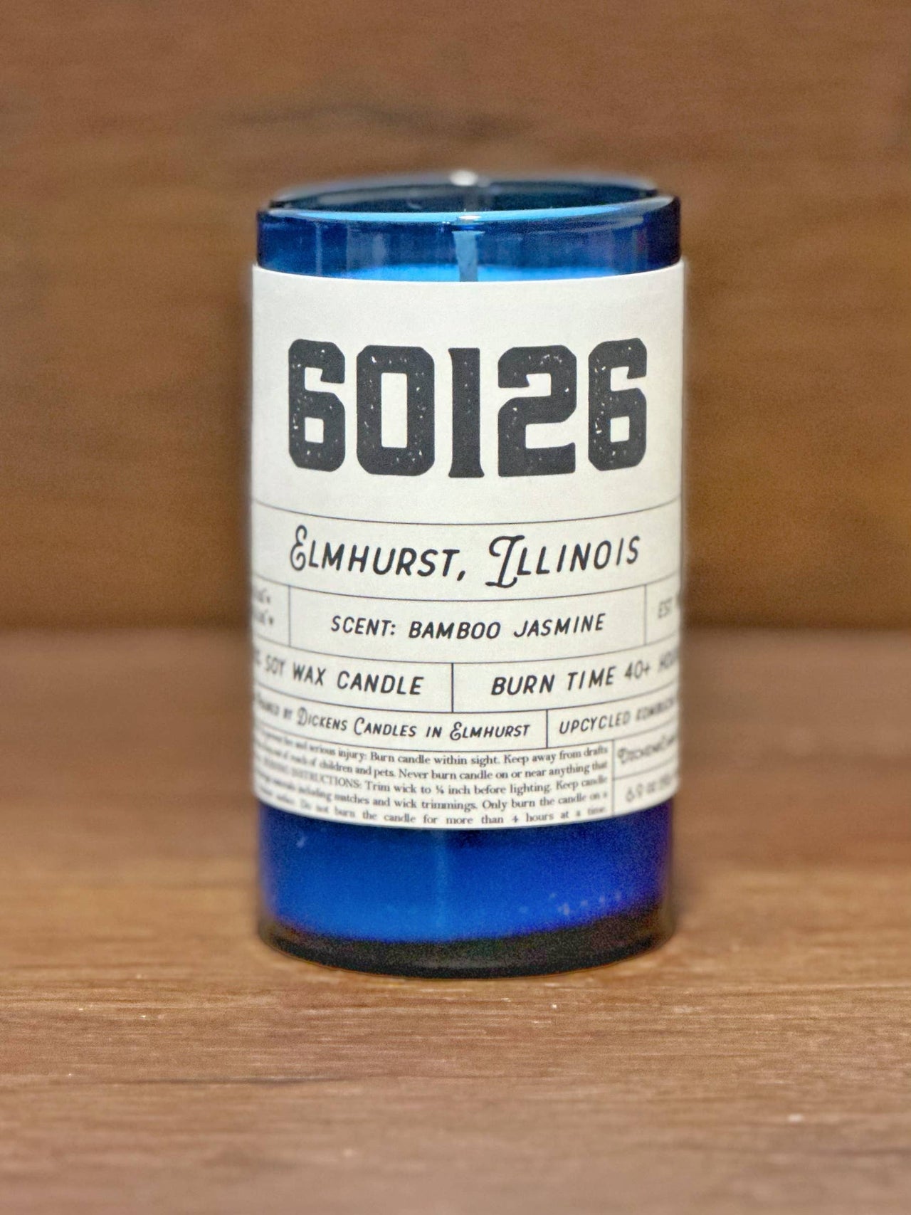 CUSTOM Zip Code Candle - Upcycled Small Cobalt Blue Bottle