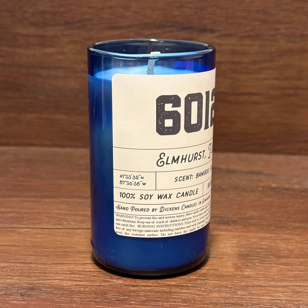 CUSTOM Zip Code Candle - Upcycled Small Cobalt Blue Bottle